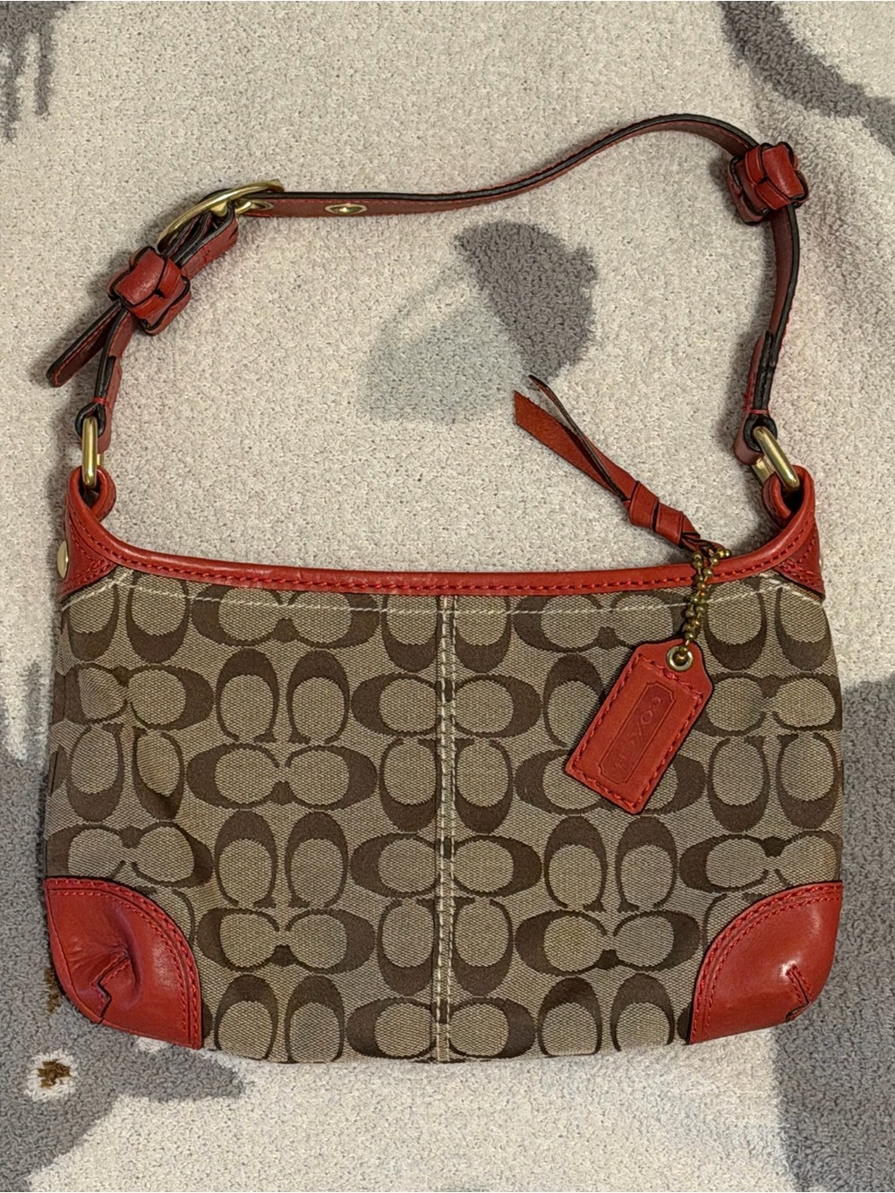 Coach Signature Canvas Shoulder Bag in Brown and Red-Orange Trim